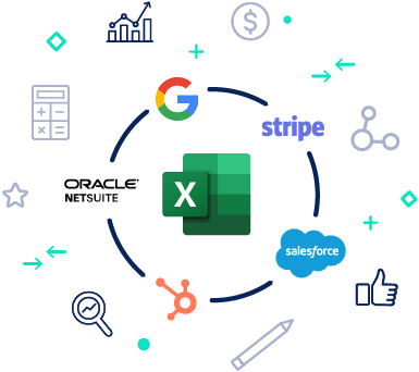 Illustration showing integration of Excel with various platforms including Google, Stripe, Salesforce, and Oracle NetSuite.