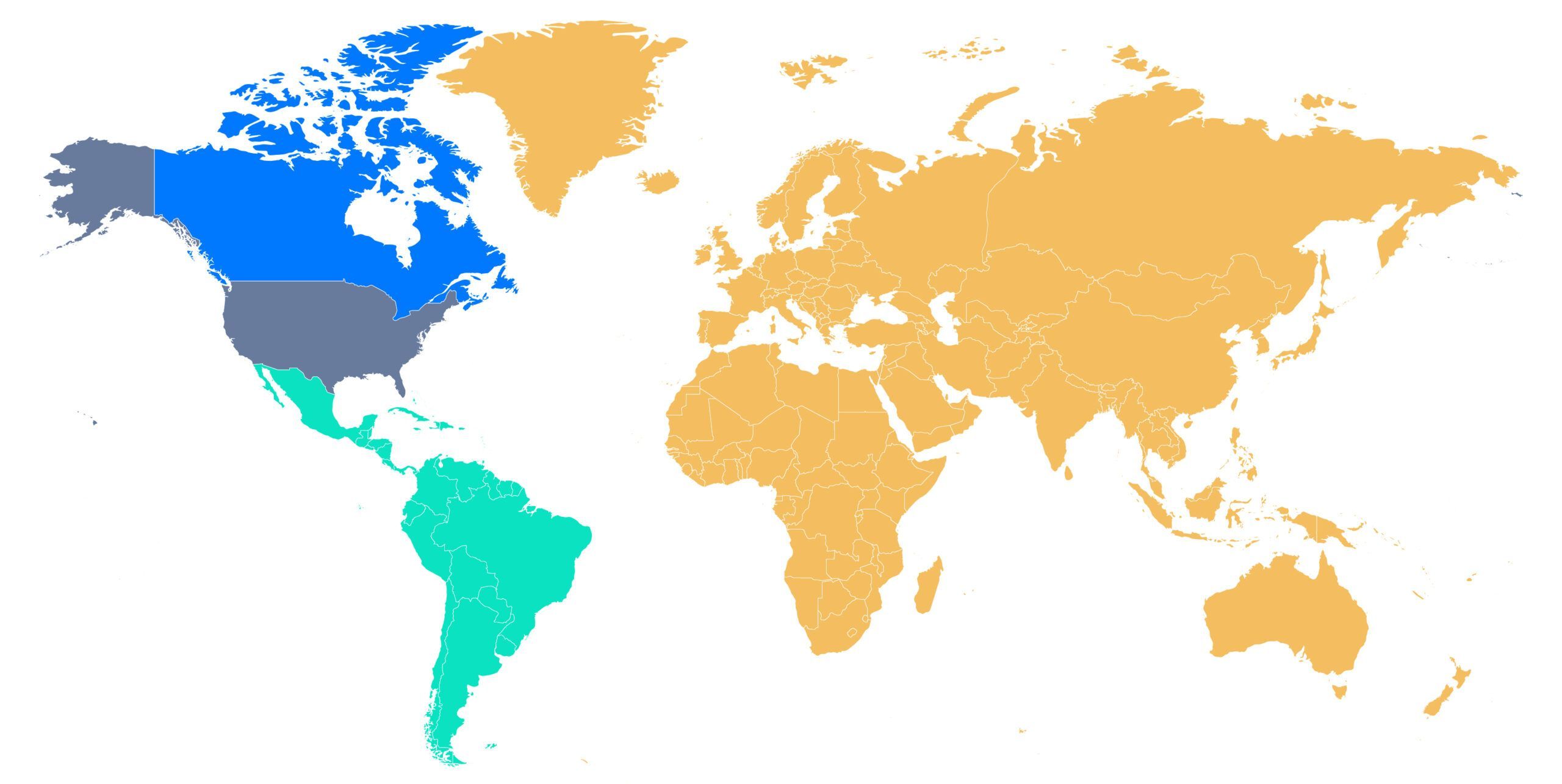 World map showing different regions highlighted in various colors to represent different sales territories.