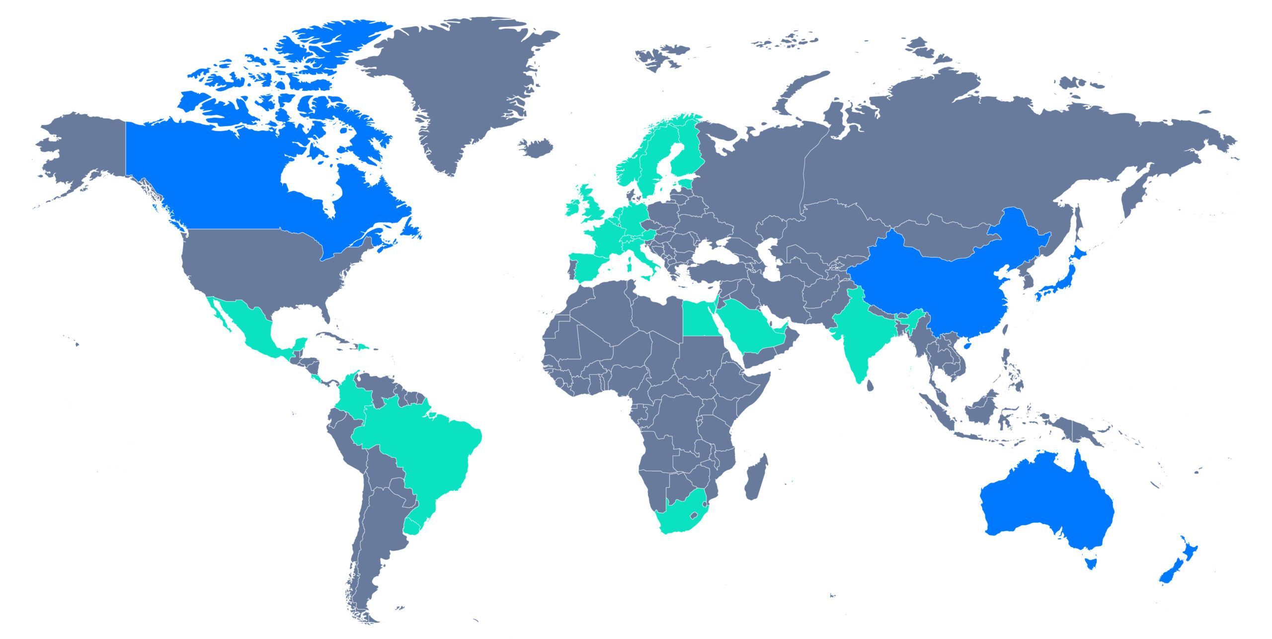 World map highlighting specific countries in different colors to indicate sales territories, with a focus on regions like North America, South America, and parts of Europe and Asia.
